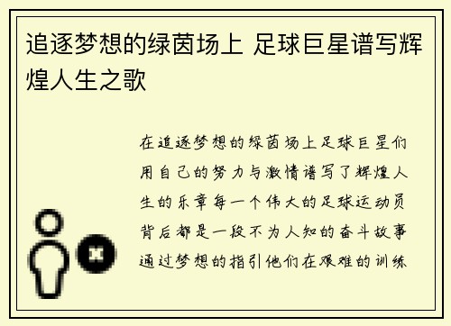 追逐梦想的绿茵场上 足球巨星谱写辉煌人生之歌